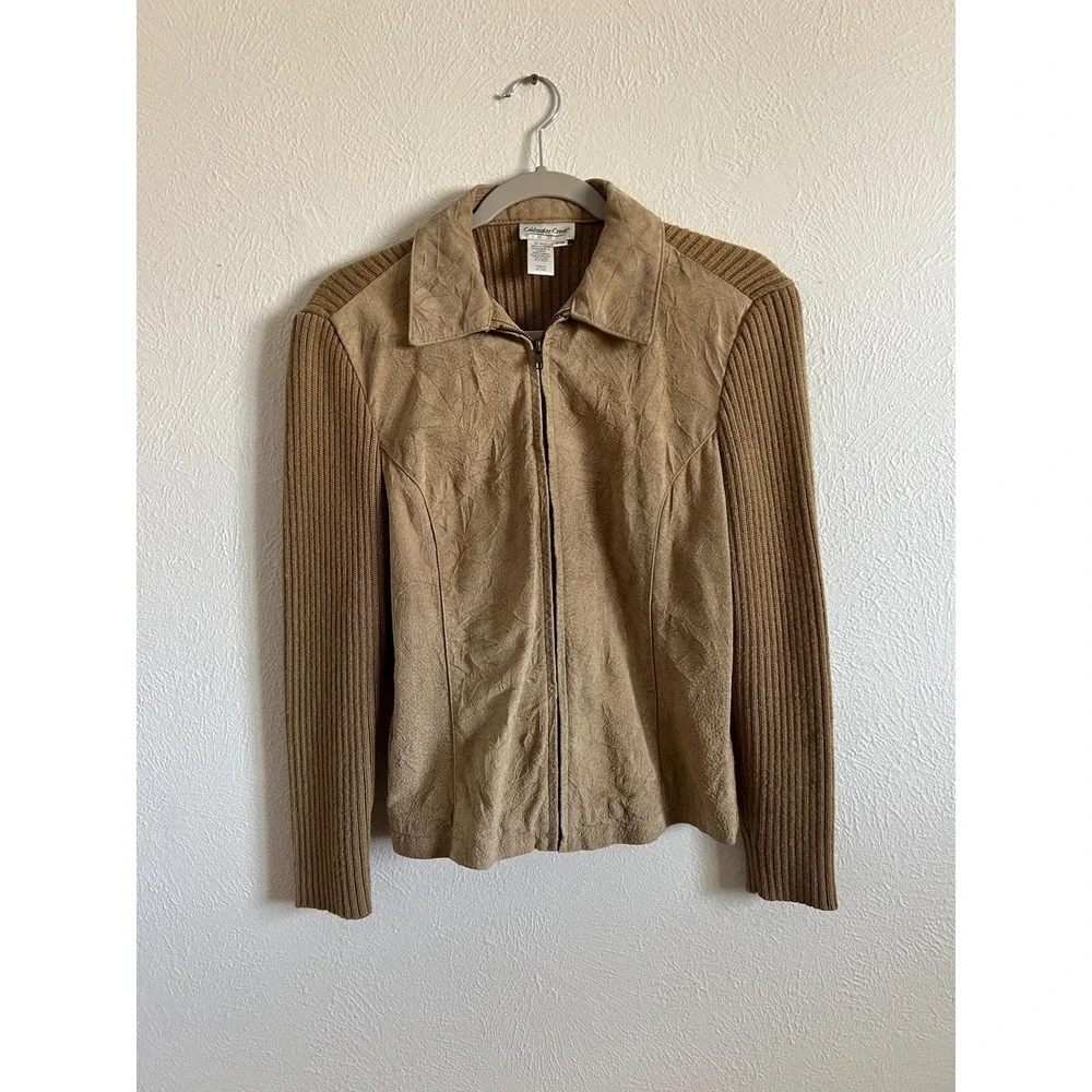 Vintage Leather Suede Knit Jacket Tan Zip Up Fitted Equestrian Minimal 90s‎